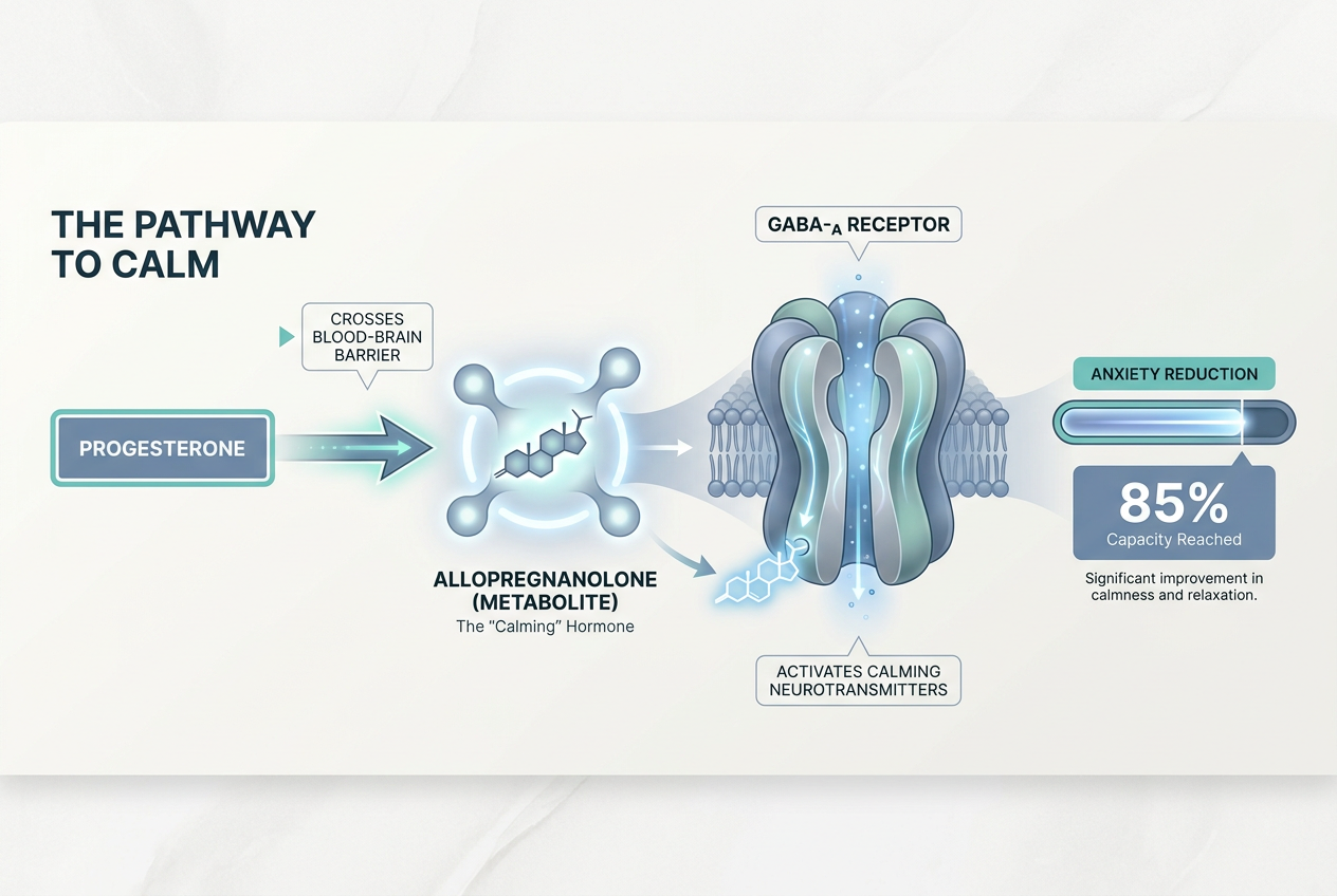 Diagram showing progesterone converting to allopregnanolone and activating GABA receptors in the brain to reduce anxiety and promote calmness.