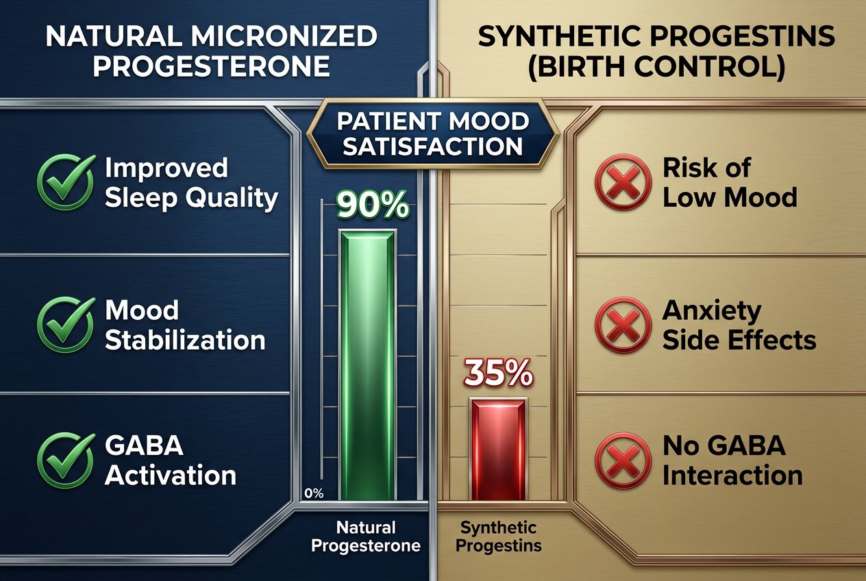 Comparison chart between natural micronized progesterone and synthetic progestins, highlighting their vastly different effects on mood, sleep, and anxiety.