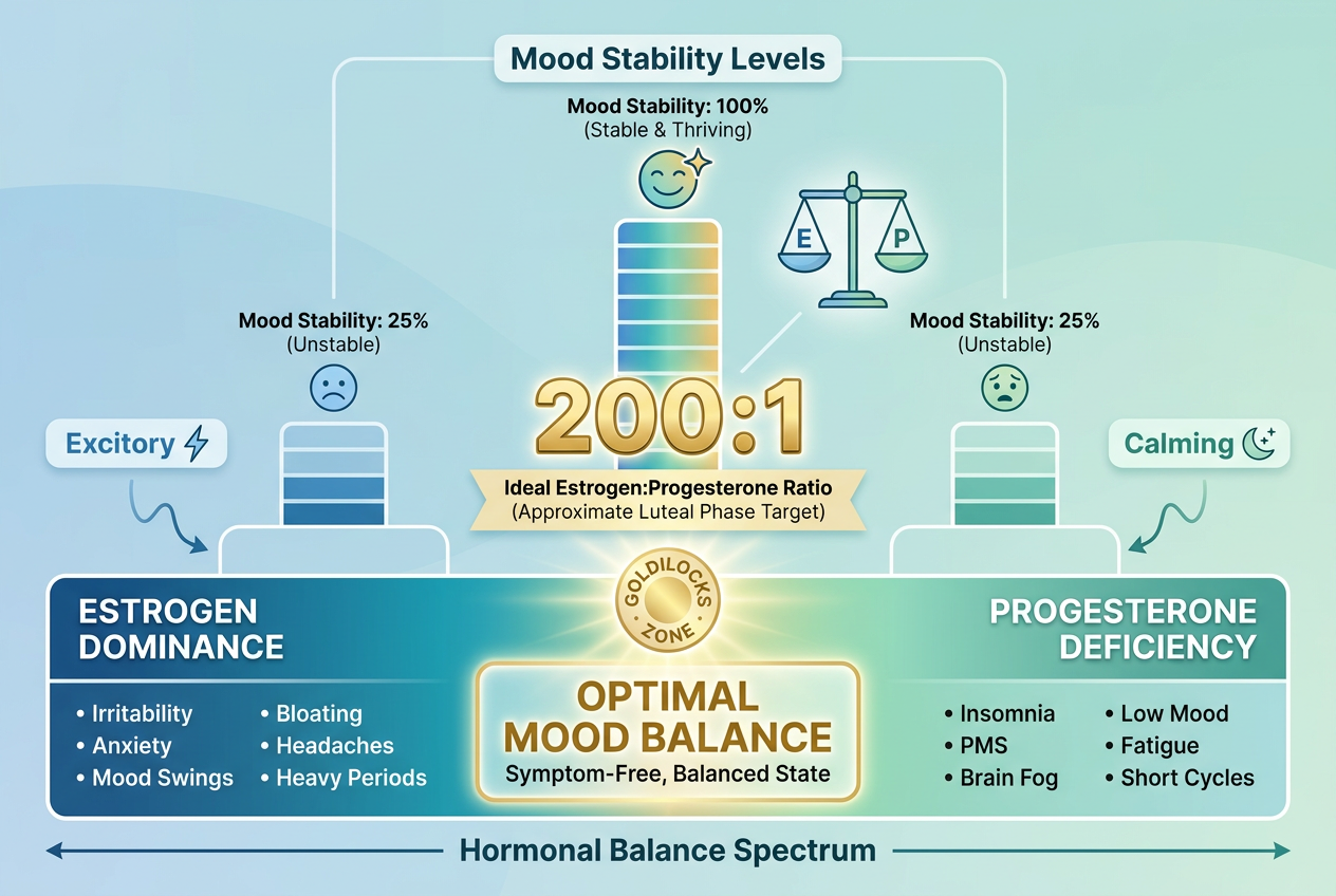A hormonal balance spectrum chart showing the Goldilocks zone for optimal mood, illustrating the ratio between estrogen and progesterone levels.