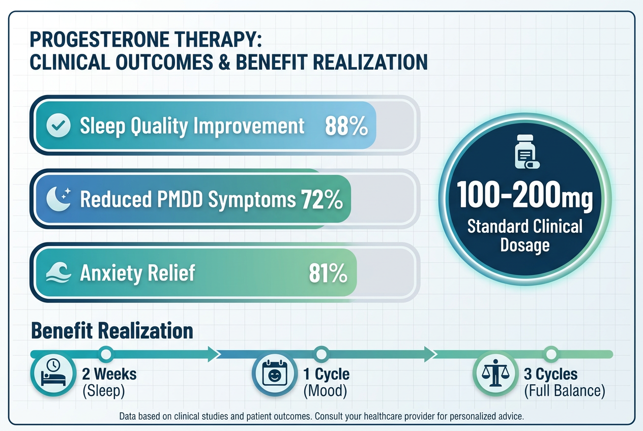 Bar chart showing percentage improvements in sleep quality, PMDD symptoms, and anxiety relief using standard clinical progesterone dosages.