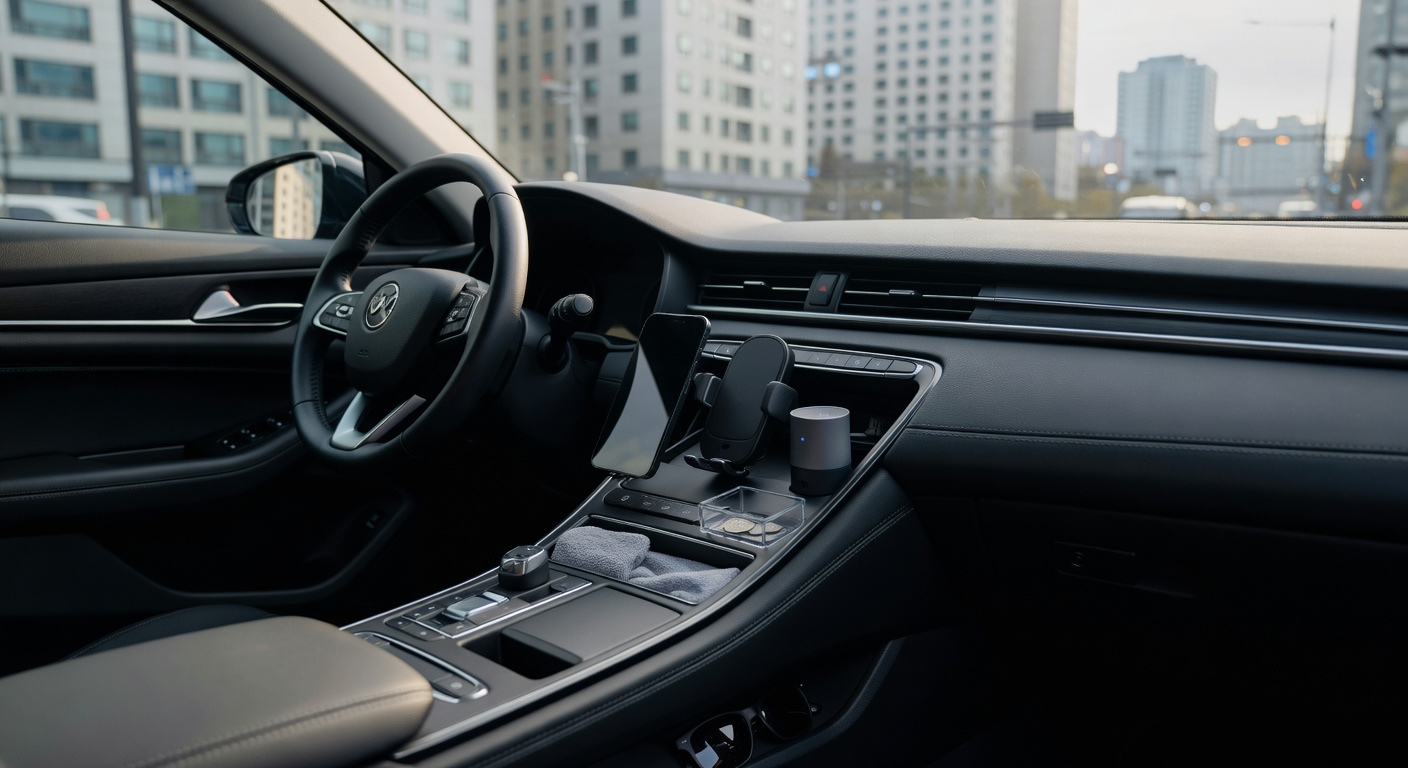 car interior dashboard with multiple accessories neatly organized on a clean console