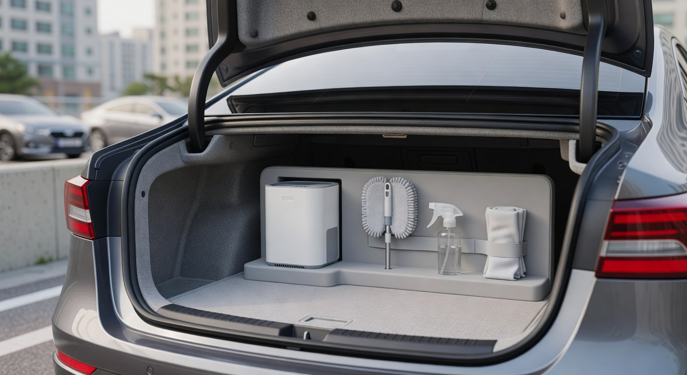 car trunk with organized storage items including air purifier and cleaning tools on a neat interior mat