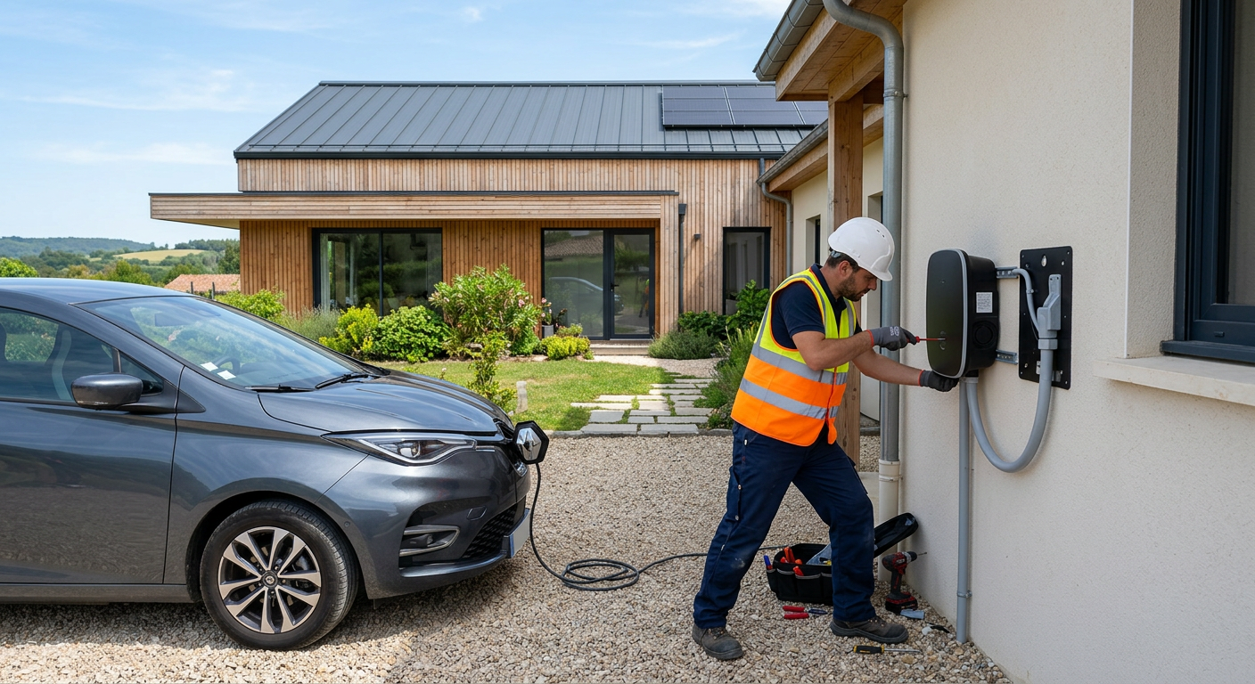 Installation professionnelle d'une borne de recharge électrique IRVE à domicile dans une maison moderne avec installateur et voiture électrique.