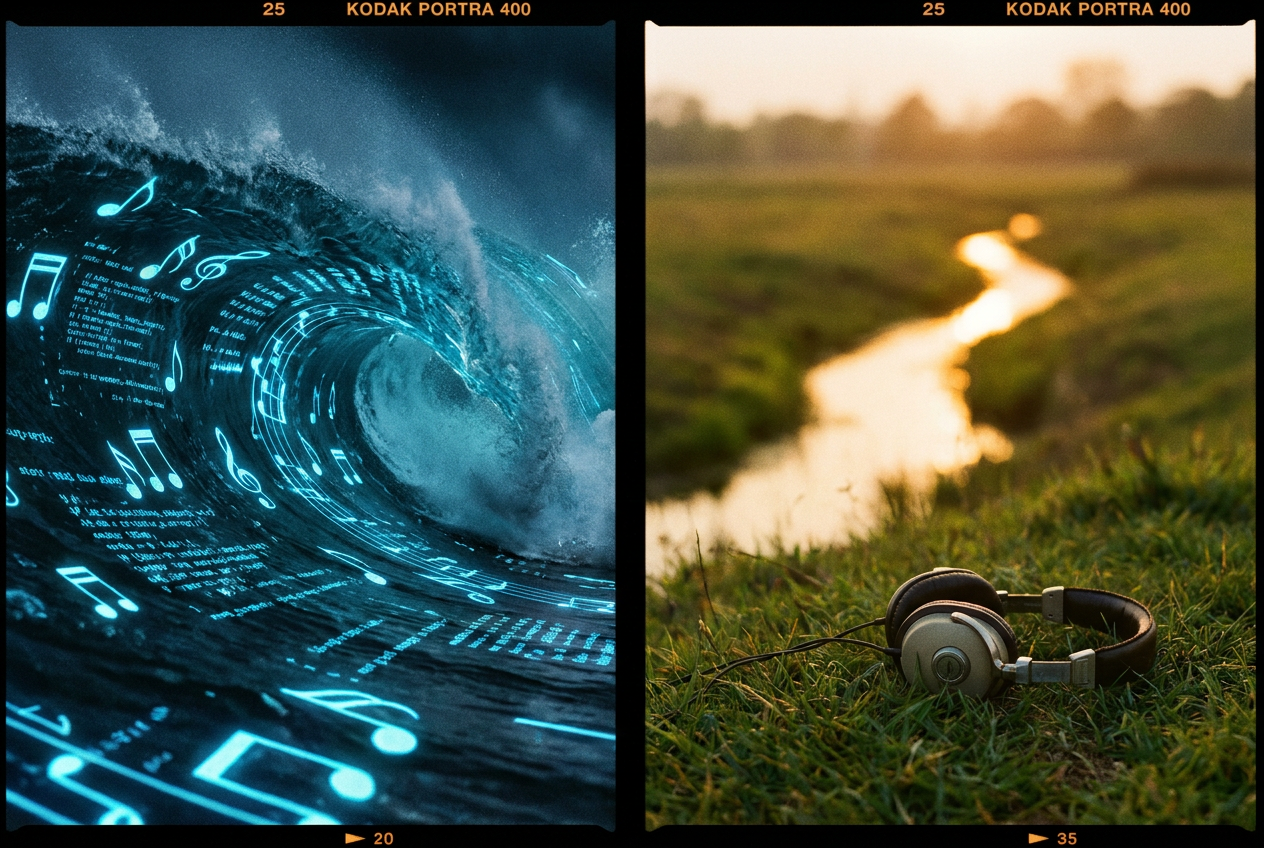 alt text: A data visualization showing a massive wave of AI music uploads versus a tiny trickle of actual listener streams