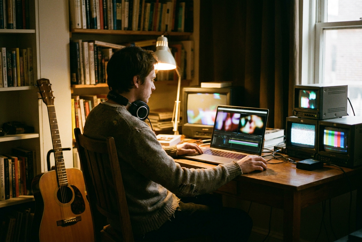 alt text: A musician creating visual content in a home studio with AI tools on screen