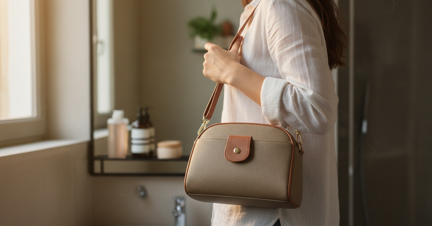 Professional woman with AuraForm handbag in office setting