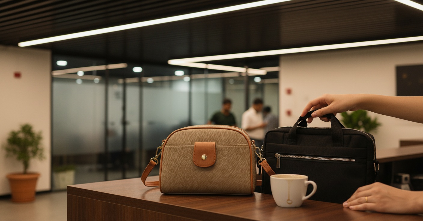 Happy customer holding AuraForm handbag comfortably