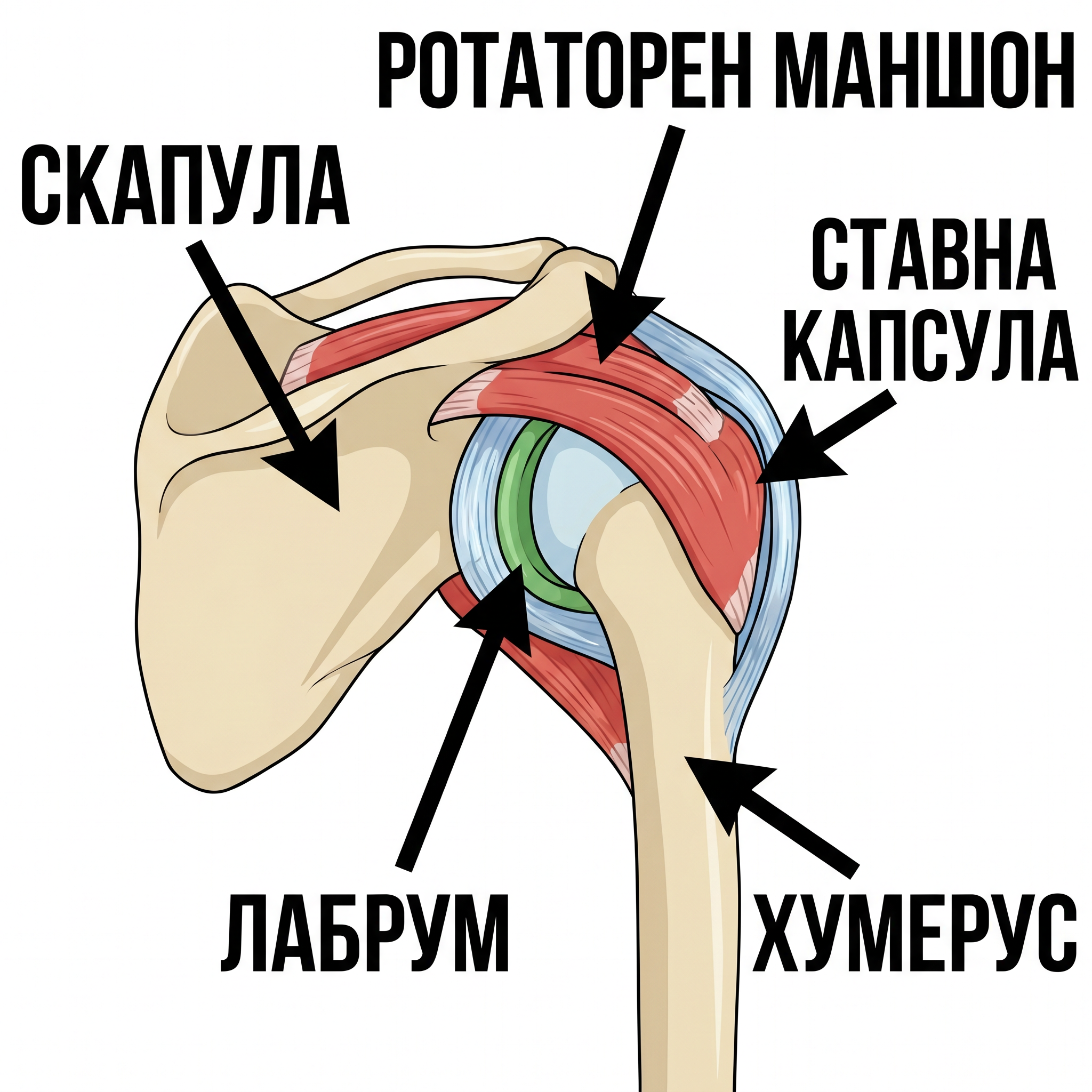 Анатомична схема на раменната става и ротаторния маншон