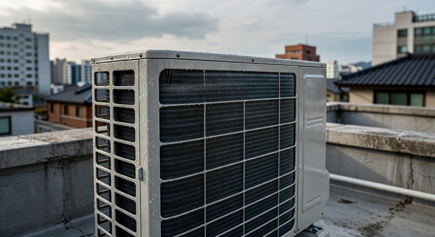 clean air conditioner outdoor unit fins after washing on a building rooftop
