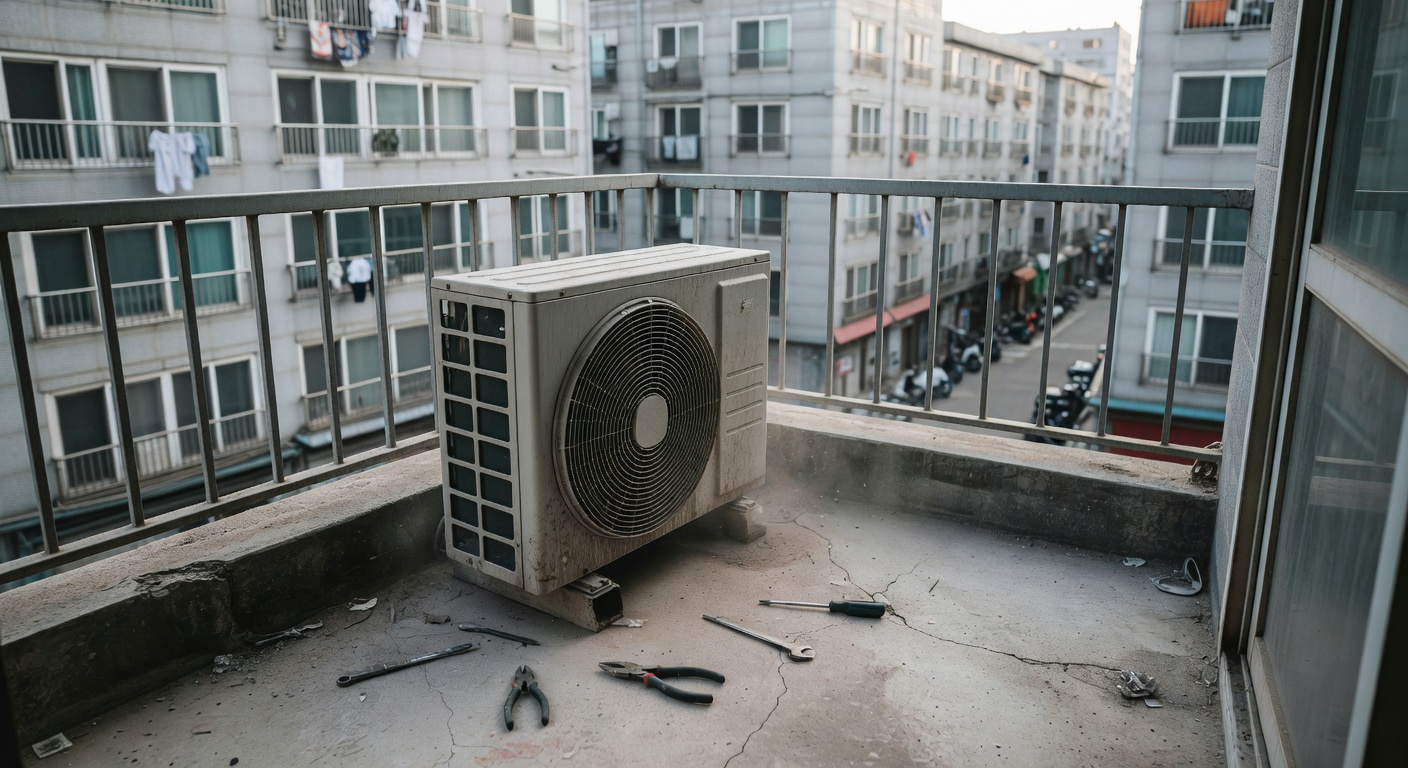 dusty air conditioner outdoor unit on an apartment balcony with tools nearby