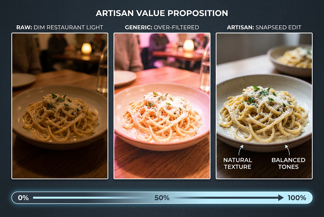 A comparison showing three stages of food photography: a raw dim restaurant shot, a generic over-filtered version, and a professional Snapseed edit.