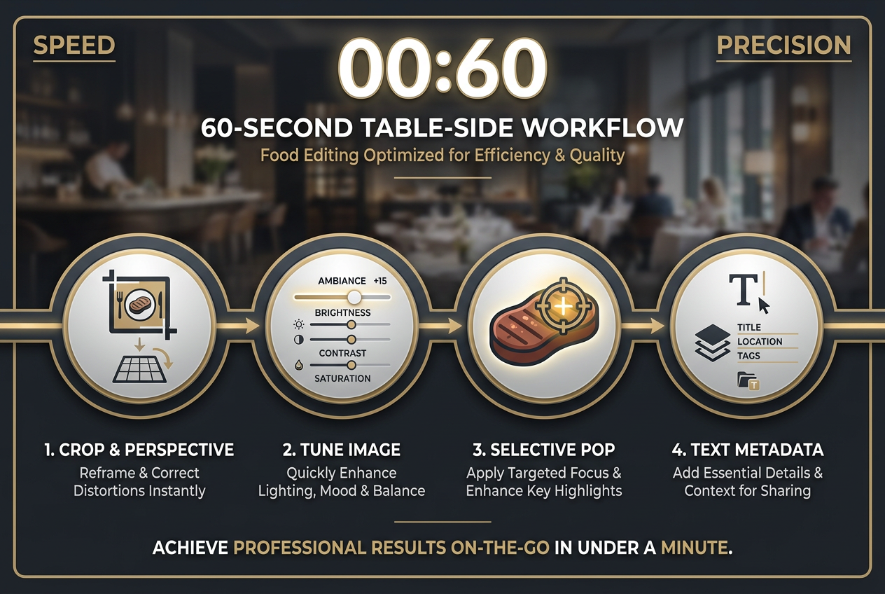 An infographic showing a four-step 60-second Snapseed workflow: Crop, Tune Image, Selective enhancement, and Text Metadata labeling.