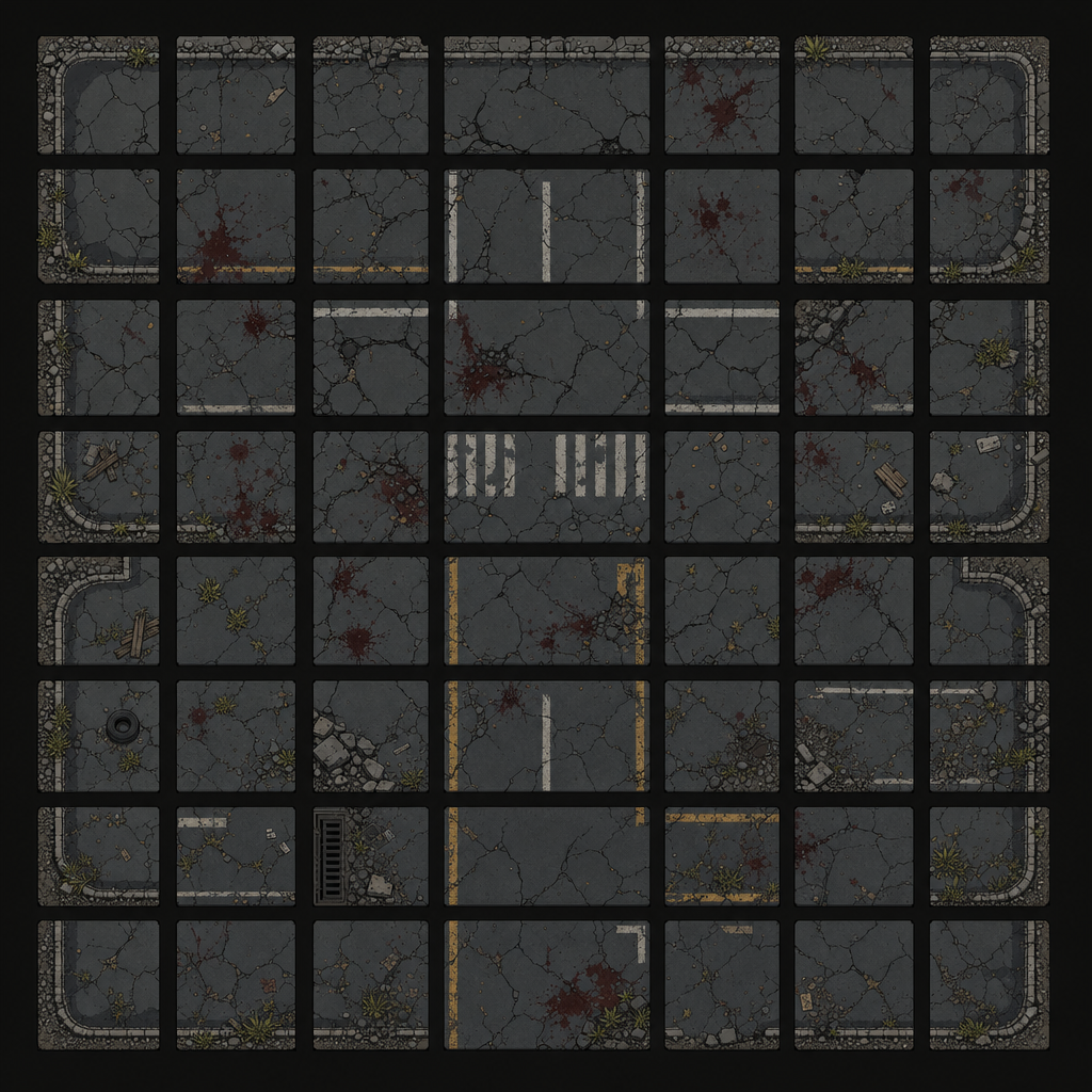 top-down 2D RPG tileset, post-apocalyptic city