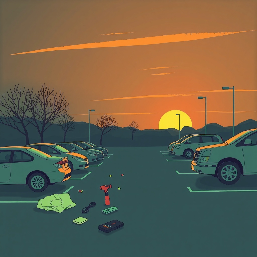 Things found in a parking lot at sunrise, phosphor-green dawn haze