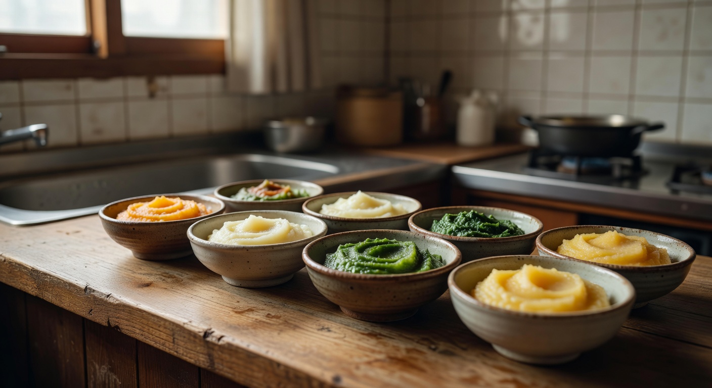 small ceramic bowls with pureed vegetables on a wooden kitchen counter