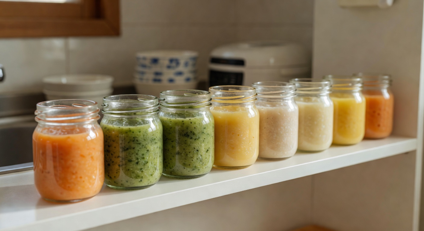 small glass jars of homemade baby puree lined up on a white kitchen shelf