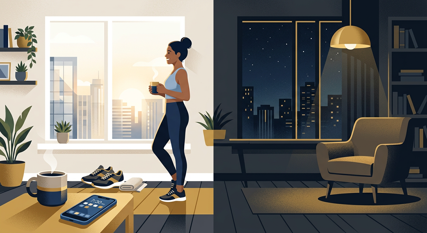A modern lifestyle illustration of a person standing near a window in morning light while a phone, coffee mug, and running...