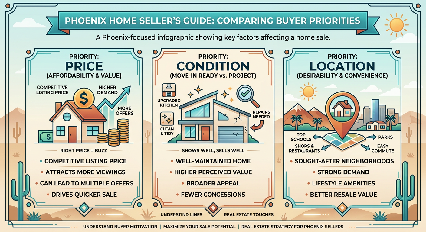 Is It a Good Time to Sell a House in Phoenix? Modern infographic-style visual of a Phoenix home seller comparing three buyer priorities, price, condition, and location,...
