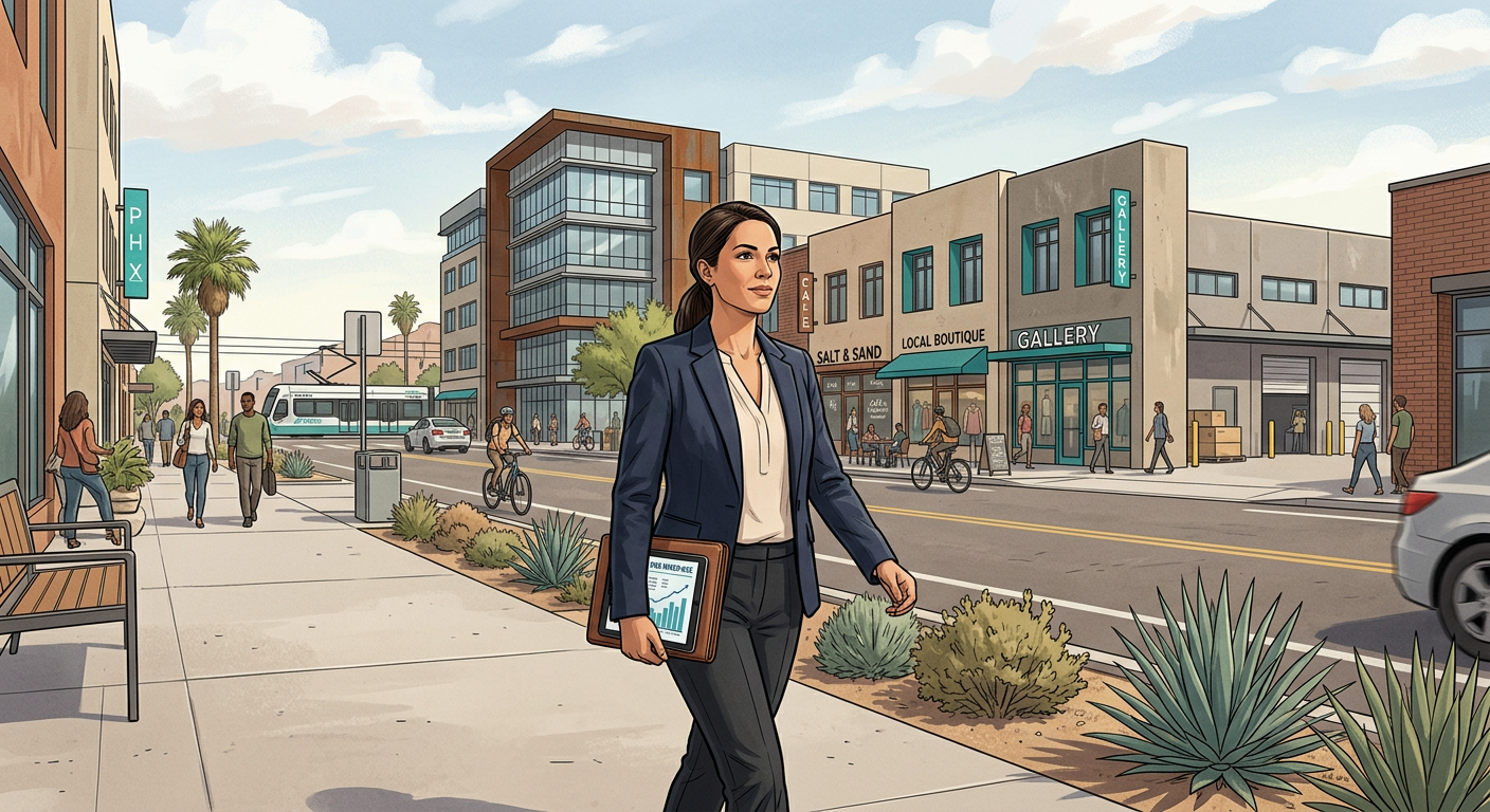 Phoenix Commercial Real Estate Forecast: 2026 Outlook Modern illustrative scene of a commercial broker walking through a mixed-use Phoenix district with office, retail, and ind...