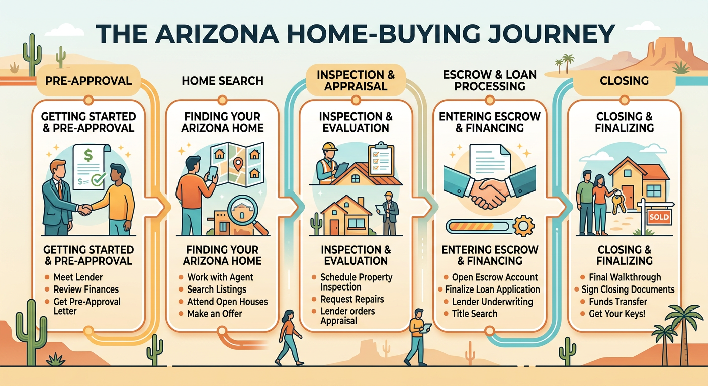 Modern infographic-style illustration of the Arizona home-buying process, showing pre-approval, home search, inspection, e...