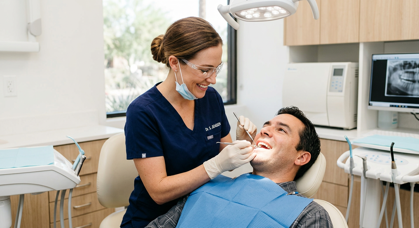 Photorealistic image of a female dentist using a small mirror and scaler during a gentle dental exam with an adult patient...