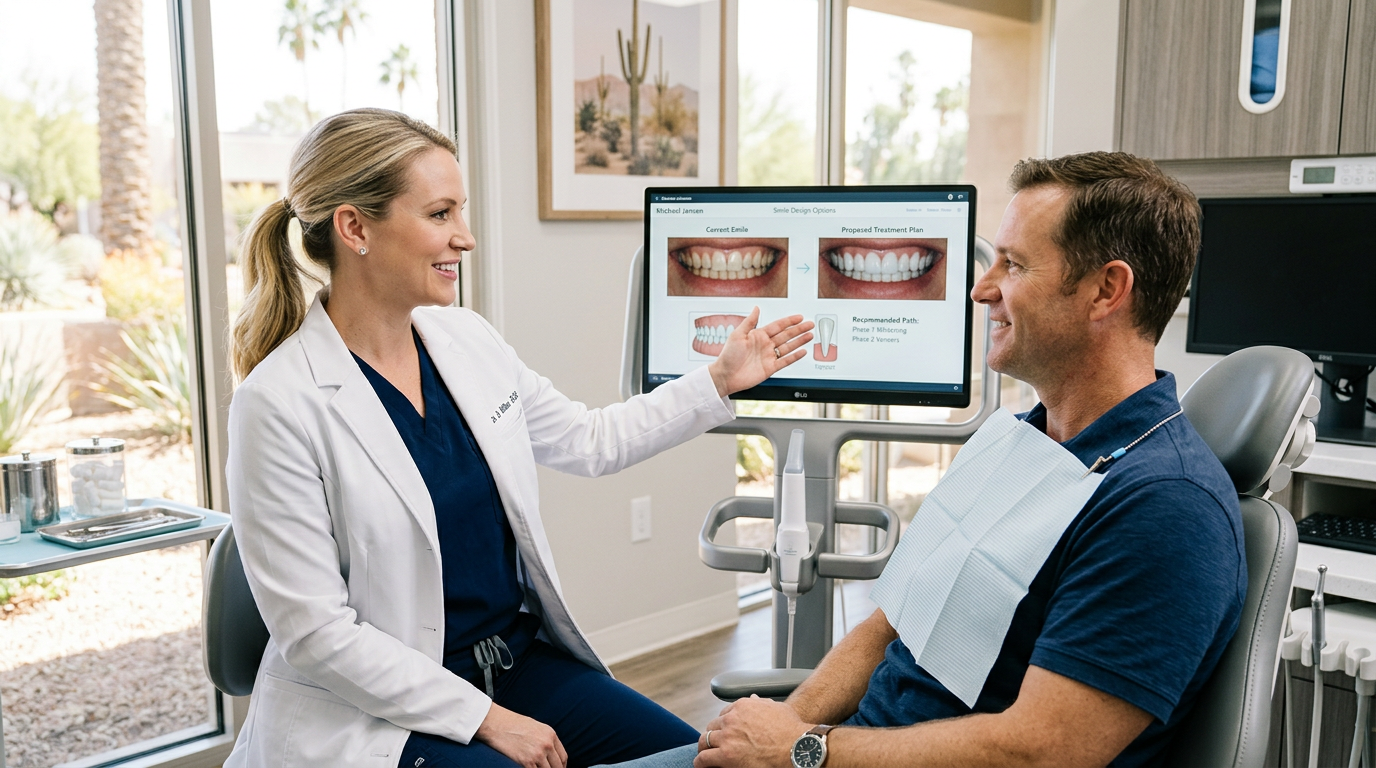 Close-up photorealistic scene of a female dentist gently reviewing treatment options with an adult American patient in a b...