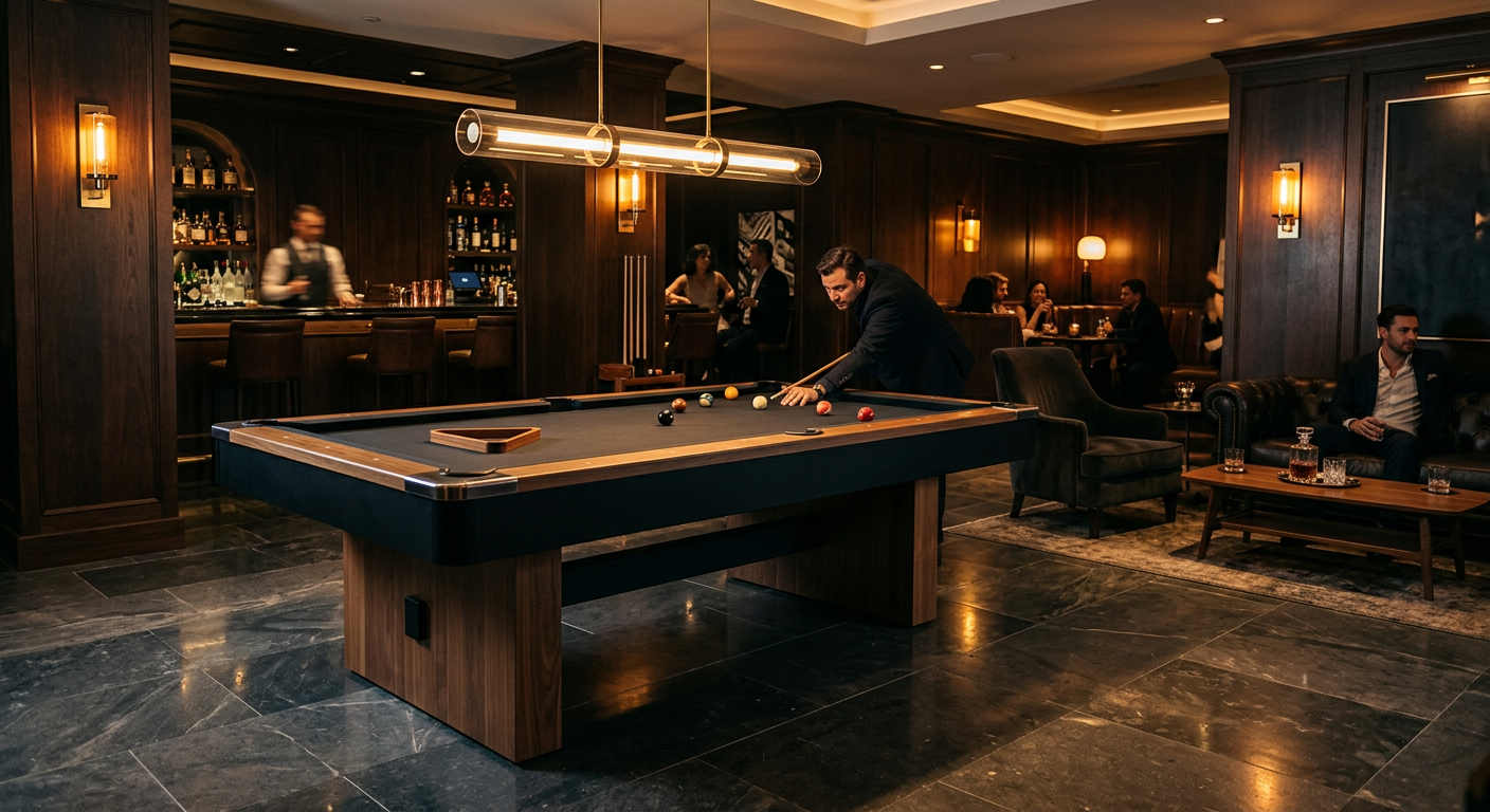 Interior scene of a luxury club billiards room under warm moody lighting, showing a modern cantilever pool table in matte ...