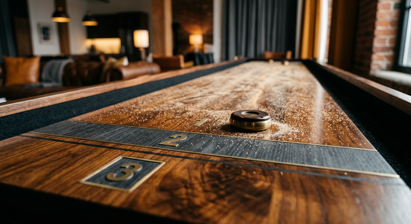 Close-up photorealistic in-content image of a luxury shuffleboard surface with hand-applied wax, precision scoring, and po...