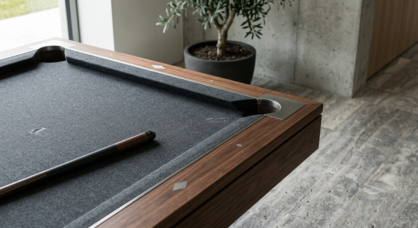Modern minimalist billiard table detail shot showing a slim rail, hidden support structure, premium felt, and brushed meta...
