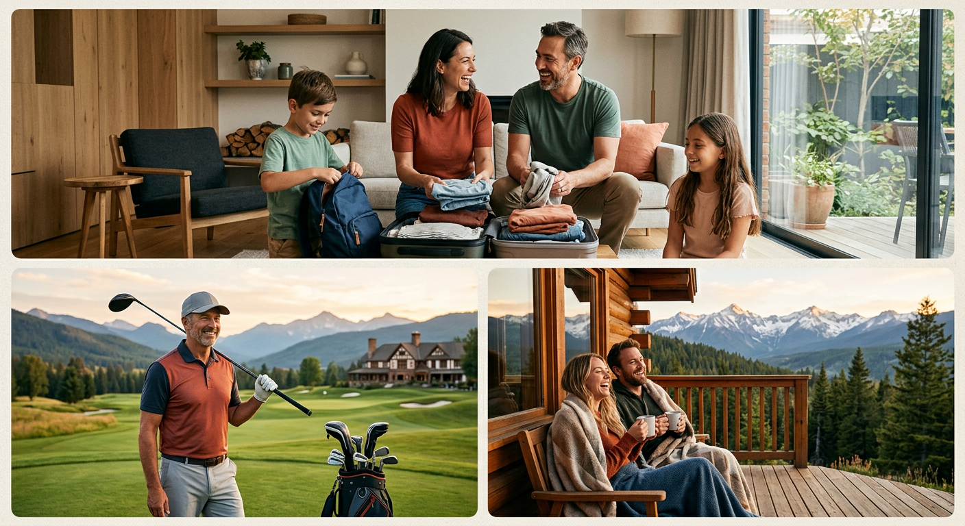 Modern photorealistic collage-style scene showing different traveler types, a family unpacking in a spacious home, a golfe...