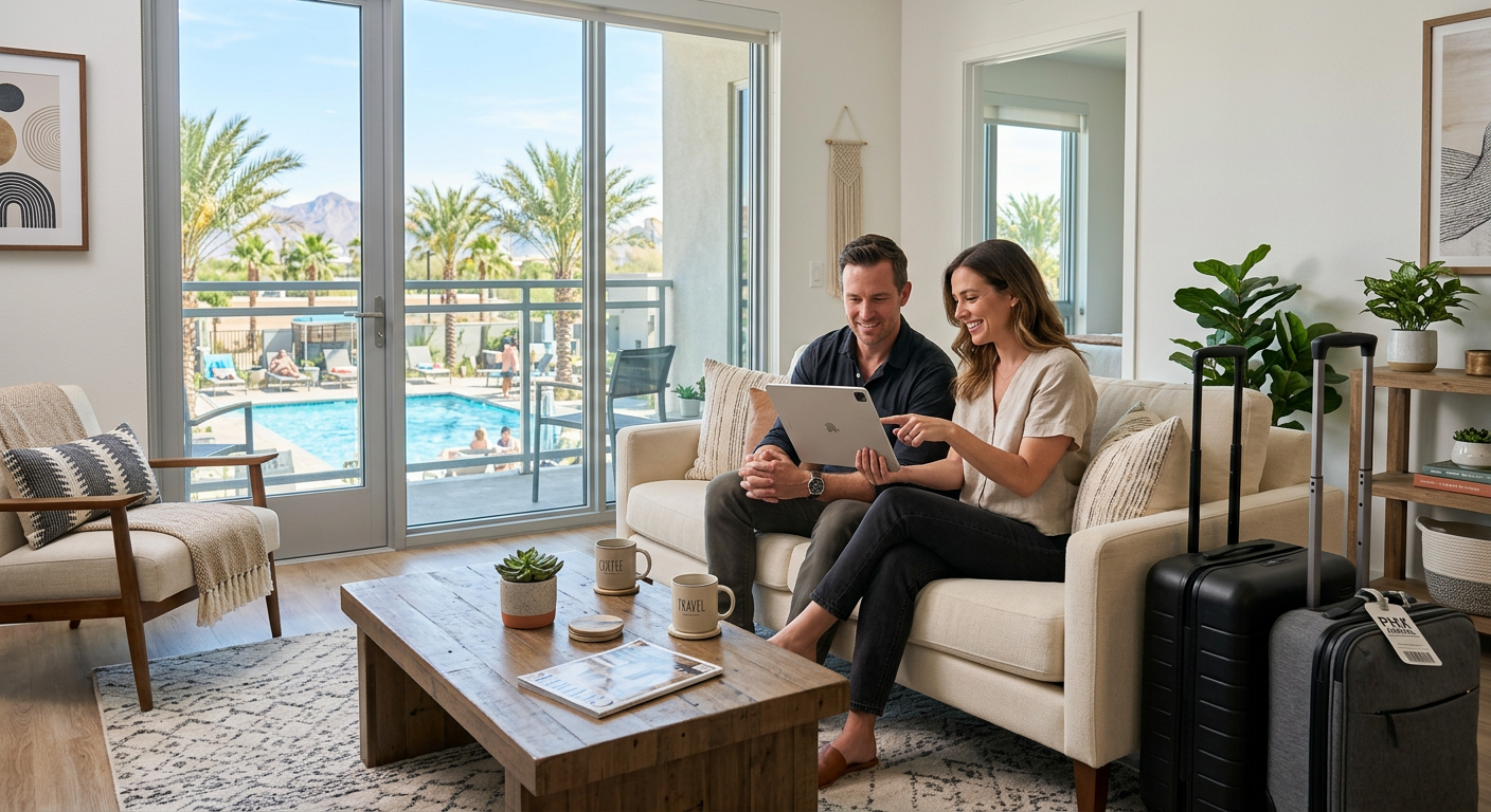 Modern photorealistic scene of a couple reviewing a Phoenix furnished condo listing on a tablet beside luggage and a coffe...