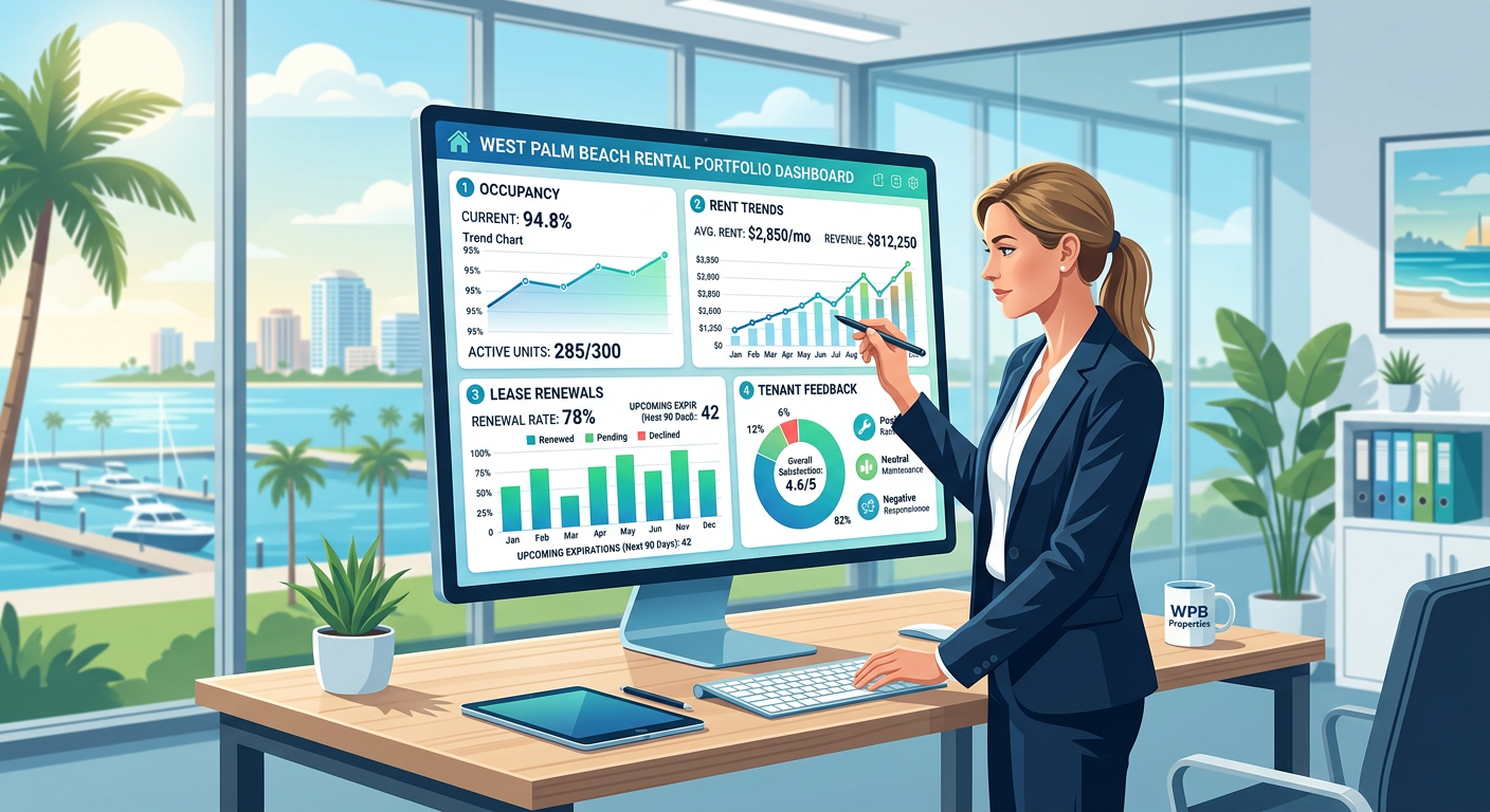 A modern infographic-style scene showing a rental property manager reviewing a dashboard with occupancy, rent, and lease r...