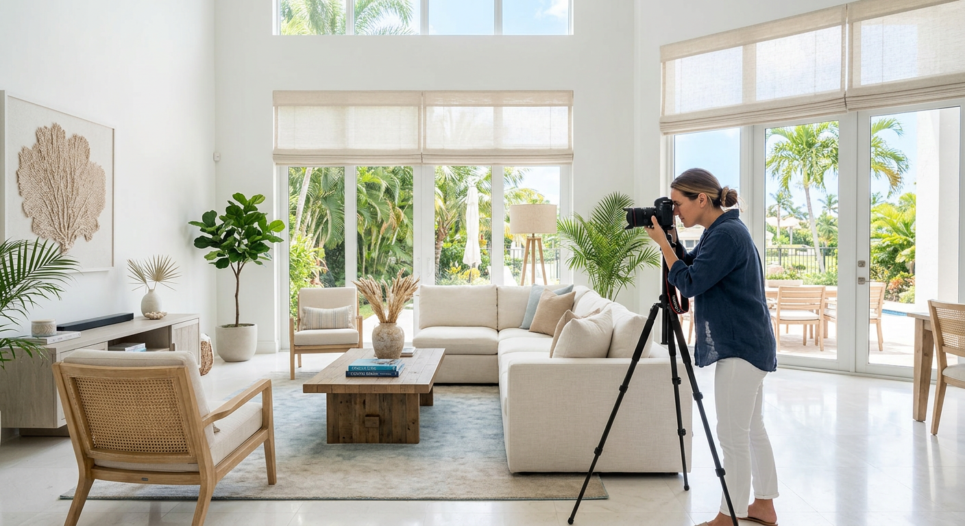 Modern interior scene of a bright, staged South Florida living room with neutral décor, open blinds, polished floors, and ...