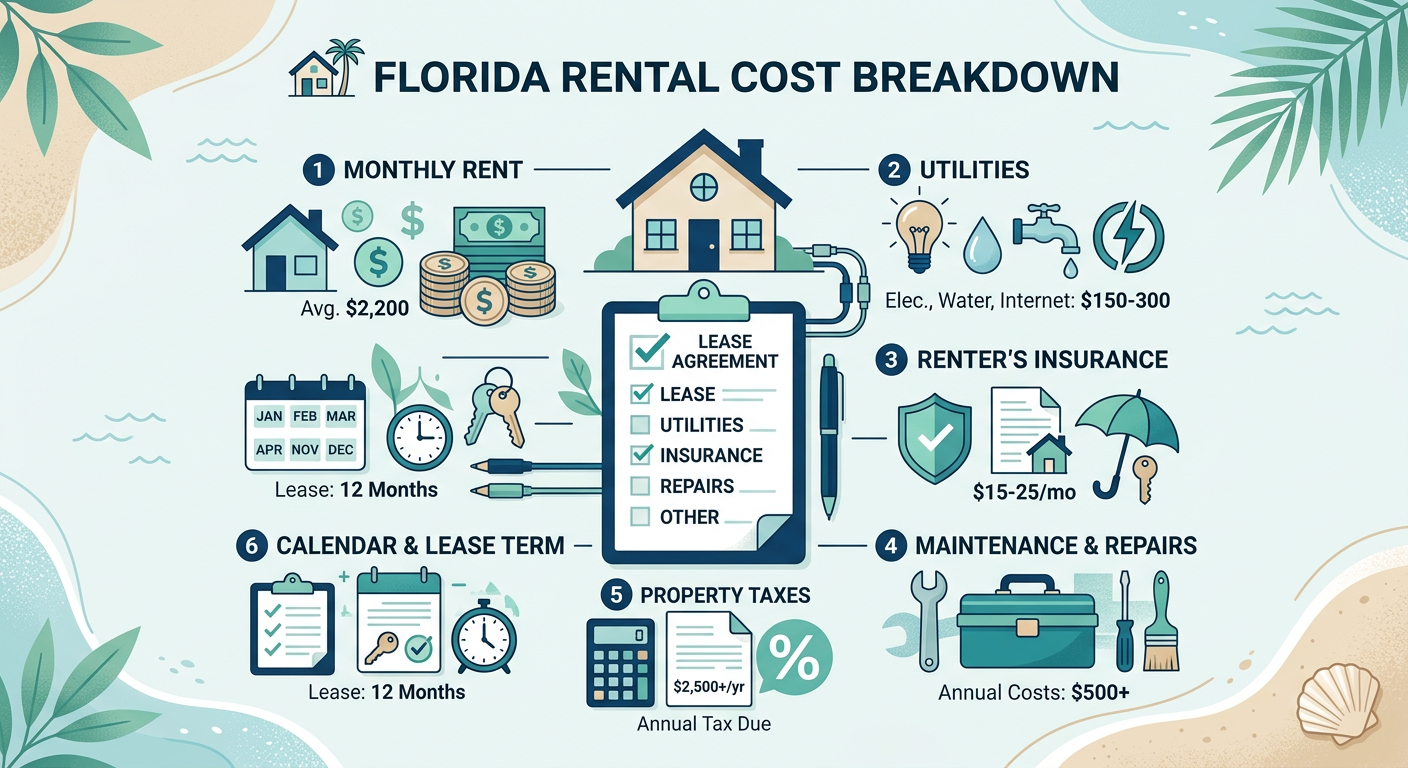 Modern flat-lay style illustration of a Florida rental cost breakdown with a house, clipboard, dollar symbols, maintenance...