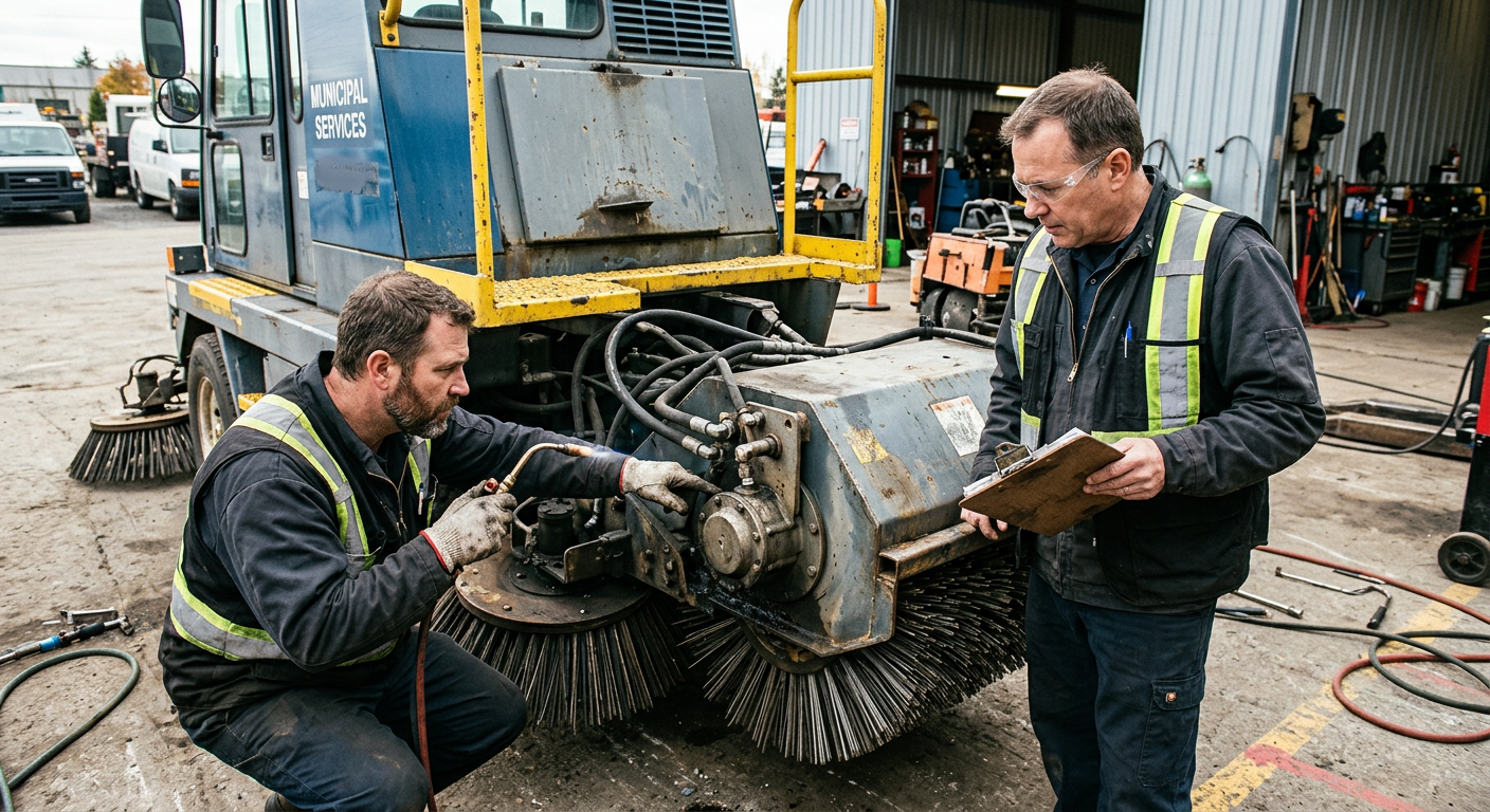 Close-up photorealistic view of a mechanic and fleet manager inspecting a heavy-duty mechanical broom sweeper in a municip...