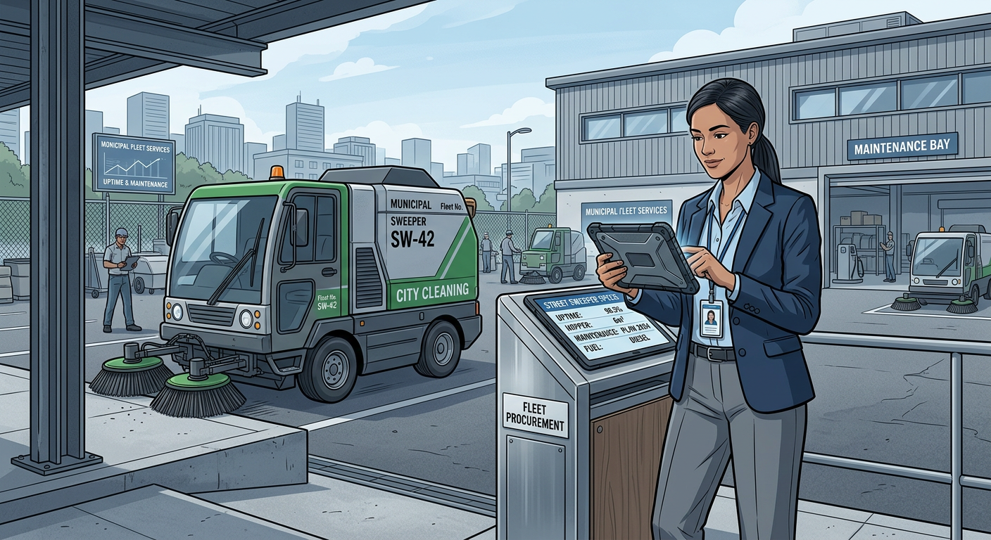 Modern illustrative scene of a procurement manager reviewing street sweeper specs beside a municipal fleet yard, with a me...