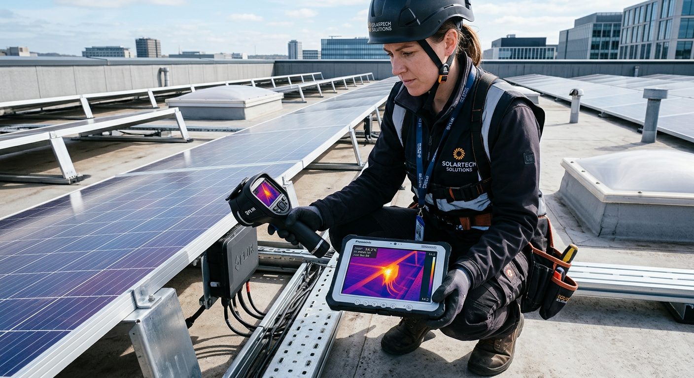Independent Solar | Commercial Solar Maintenance Services That Protect ROI Realistic close-up of a technician using a thermal camera and tablet to inspect commercial solar equipment on a flat rooft...