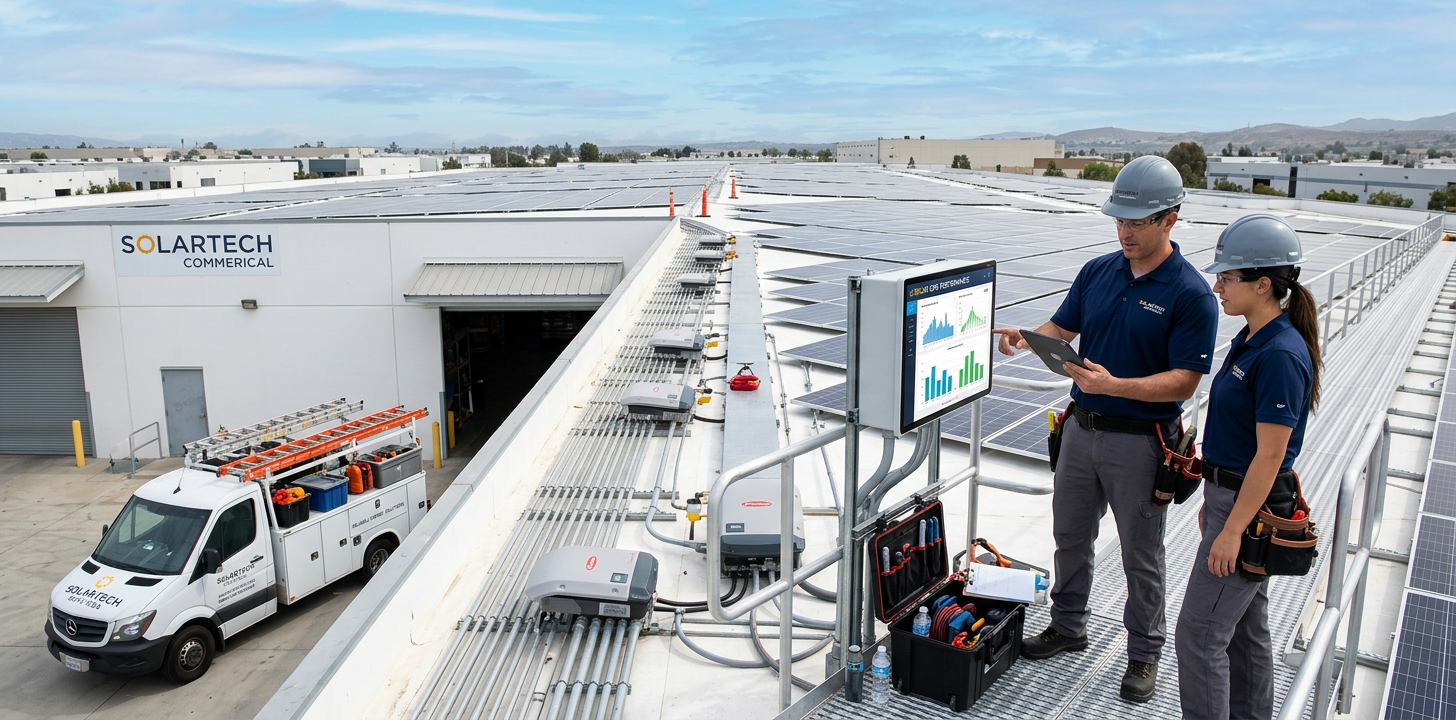 Independent Solar | Commercial Solar Maintenance Services That Protect ROI Wide interior-and-exterior composite style scene of a commercial solar service team reviewing performance data on a tablet...