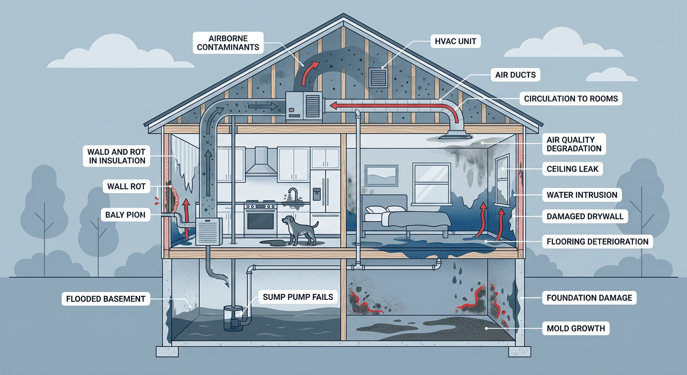 A modern illustration showing a home interior cross-section with contaminated water affecting floors, walls, and air circu...