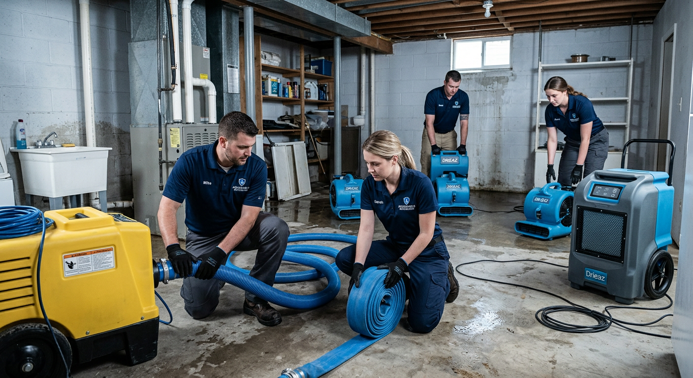 Professional restoration team setting up water extraction hoses, air movers, and dehumidifiers in a residential basement, ...