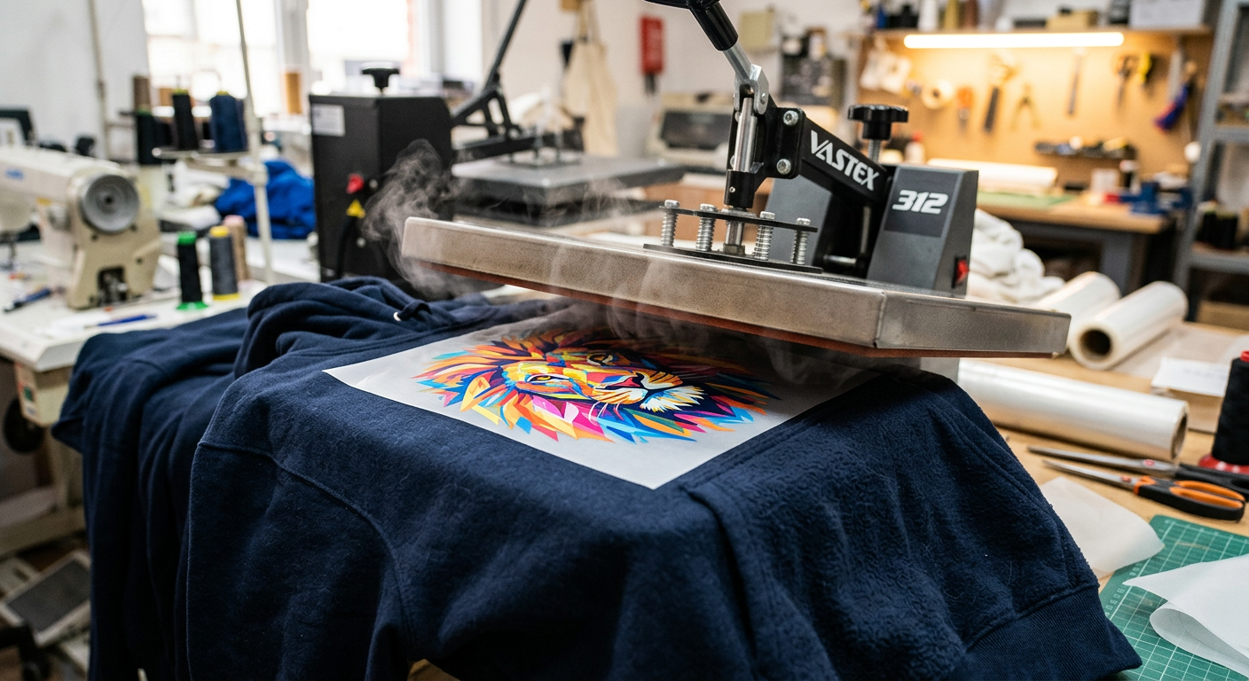 Close-up photorealistic scene of a hoodie being heat-pressed with a colorful direct-to-film design, soft fleece texture vi...
