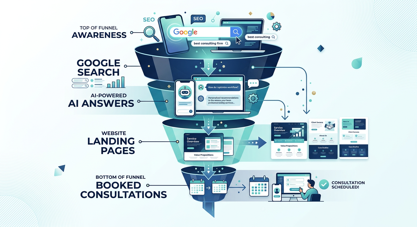 A modern illustration of a buyer journey funnel connecting Google search, AI answers, website landing pages, and booked co...