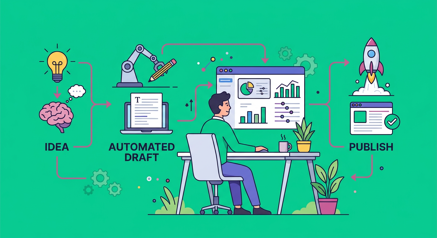Flat illustration of a content workflow with one person reviewing a simple automated blogging pipeline from idea to draft ...