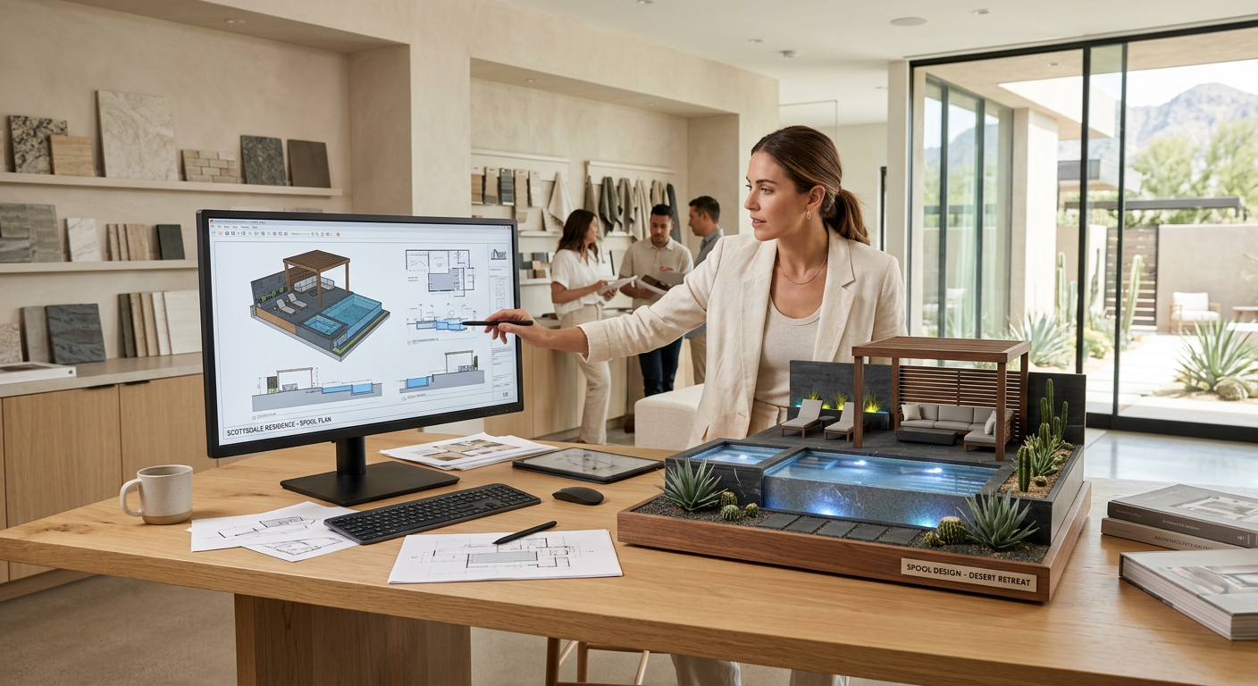 A modern spool design process scene with a designer reviewing 3D plans beside a luxury backyard model, featuring soft neut...