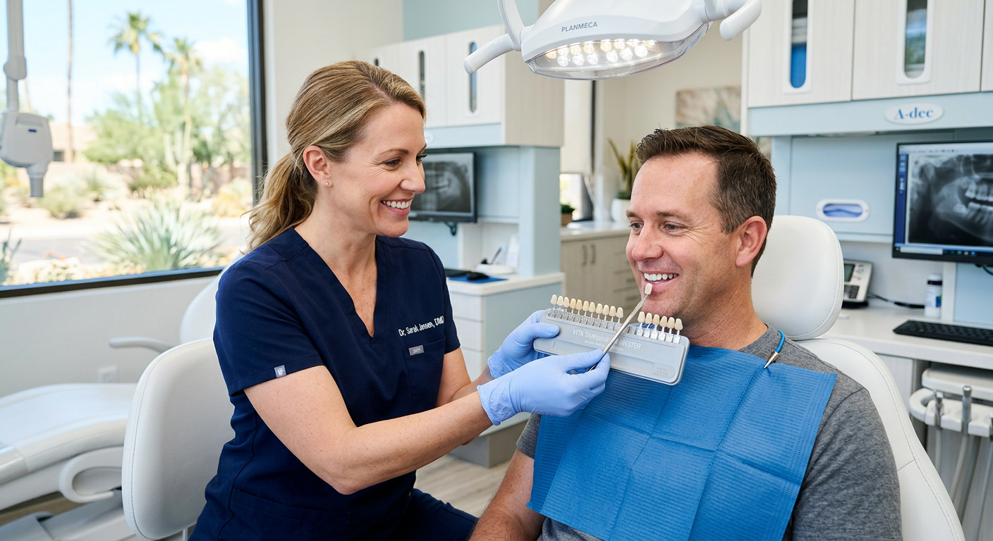Close-up photorealistic scene of a friendly female dentist showing shade guide options to an adult male patient in a Scott...