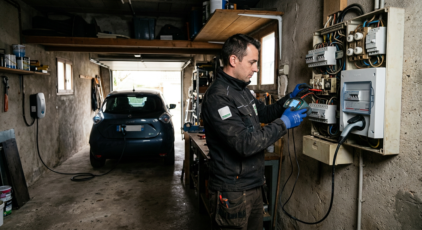 Installateur IRVE vérifiant une borne de recharge électrique devant un tableau électrique dans un garage avec une voiture en charge.
