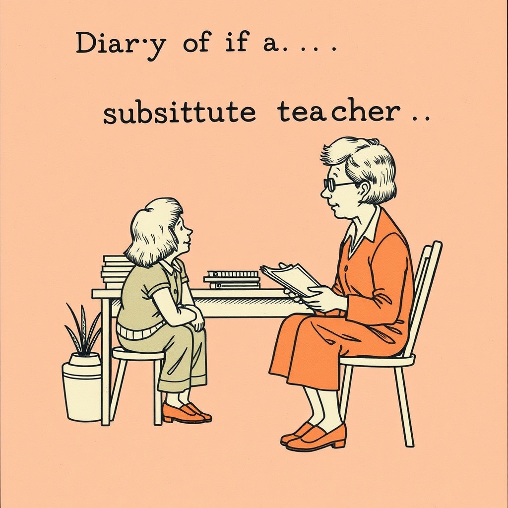 A wide illustration of a substitute teacher's classroom in 1978 — stacks of lesson plans, a chalkboard, and somewhere near the window, a very stubborn cloud. (There are also oatmeal cookies, but you can't see them yet.)