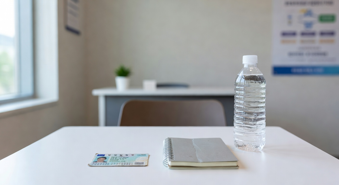 medical check-up items including ID card, notebook, and water bottle on a white table