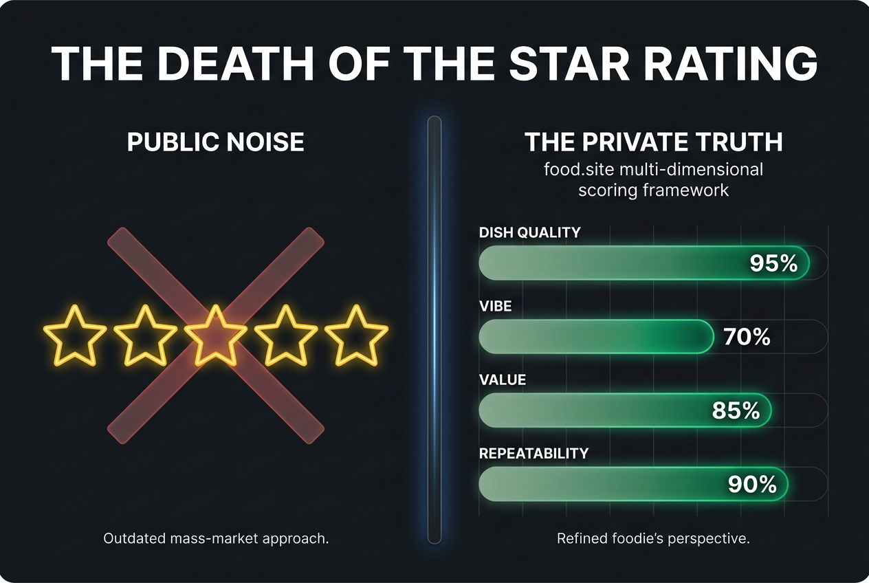A graphic comparing a crossed-out five-star rating to a multi-dimensional scoring system with bars for dish quality, vibe, value, and repeatability.