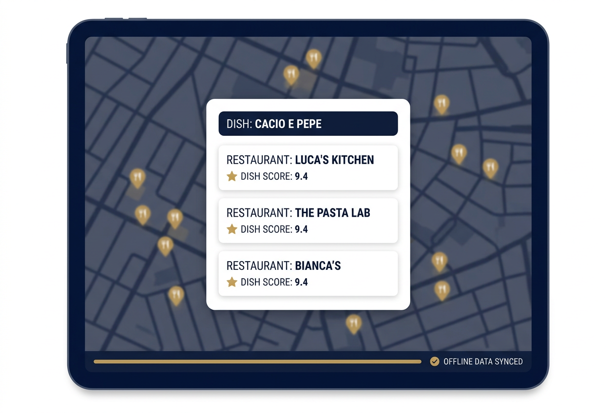 A mobile app map interface showing restaurant pins and a search bar highlighting dish-level search results for cacio e pepe.